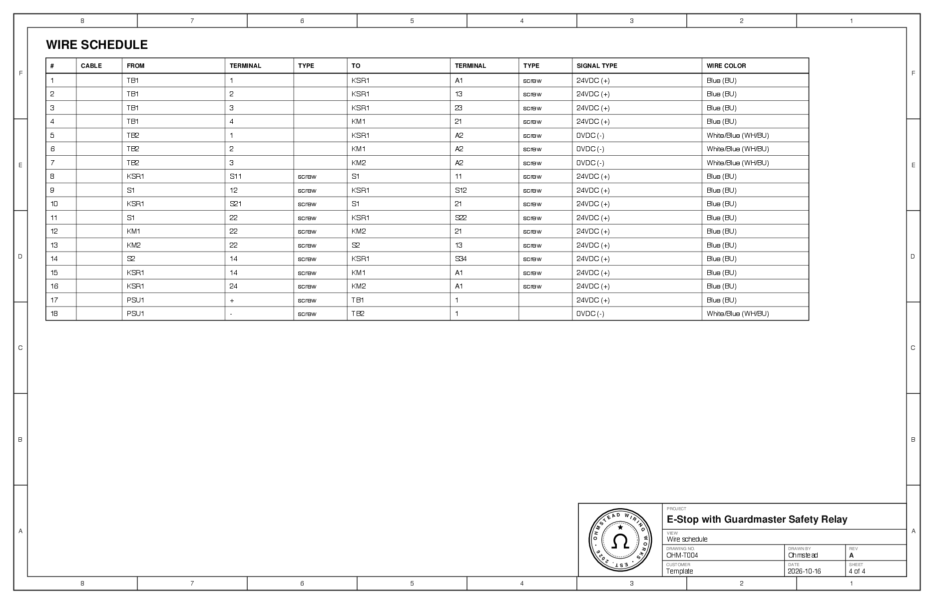 Exported sheet 4 of 4: Wire schedule