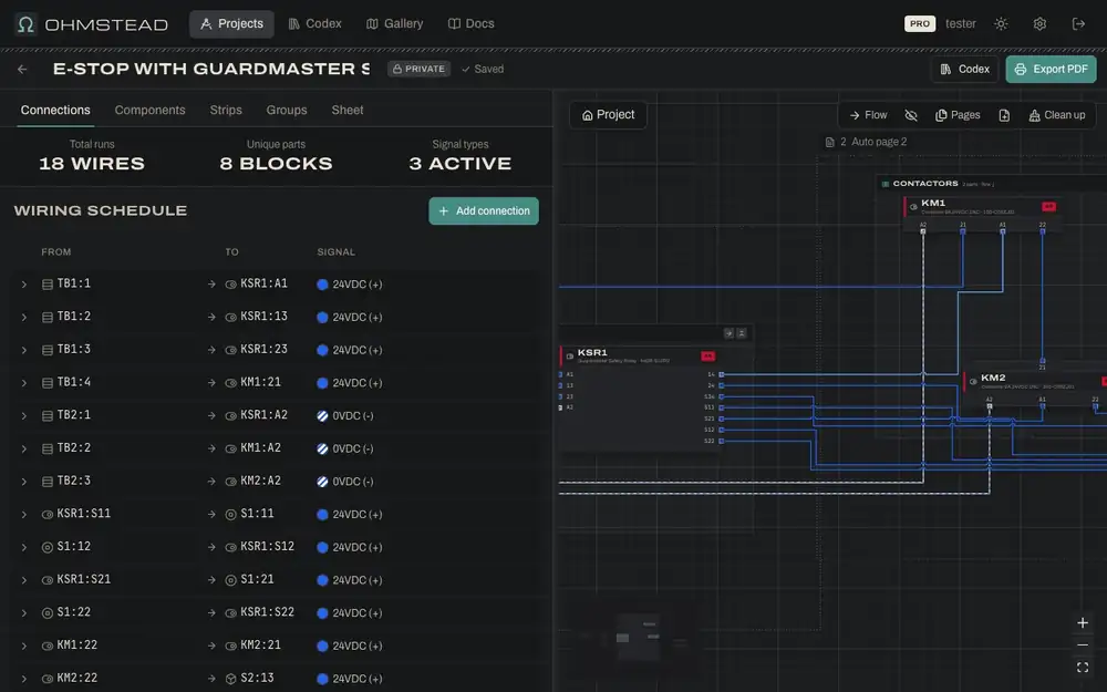 Set a wire's Draw to Ref and the long route becomes a pair of → TAG:TERM flags you can click to jump between.