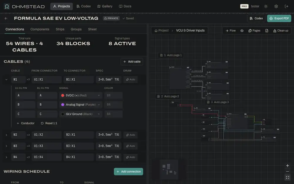 Split U1 into parts and pick which part shows each terminal. Connectors move whole; wires and the schedule don't change.
